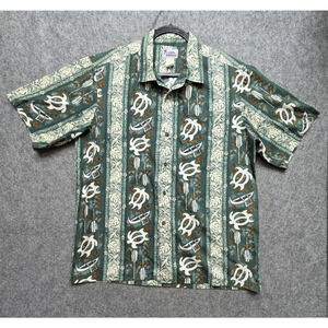 Hawaii Shirt Mens XL Green Sea Turtle Canoe Hawaiian Aloha Button Front Cotton